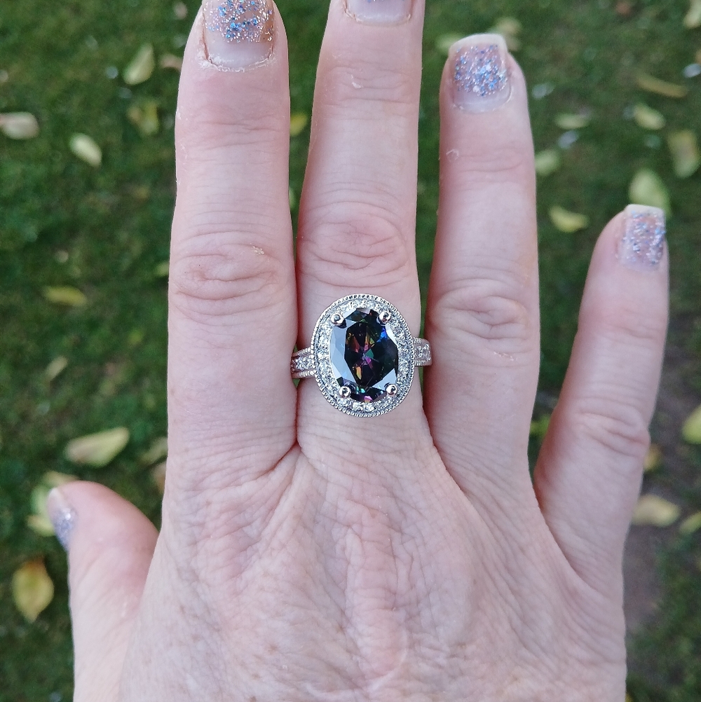 New Halo Oval Mystic Topaz & CZ 925 Silver Ring. - Picture 12 of 16